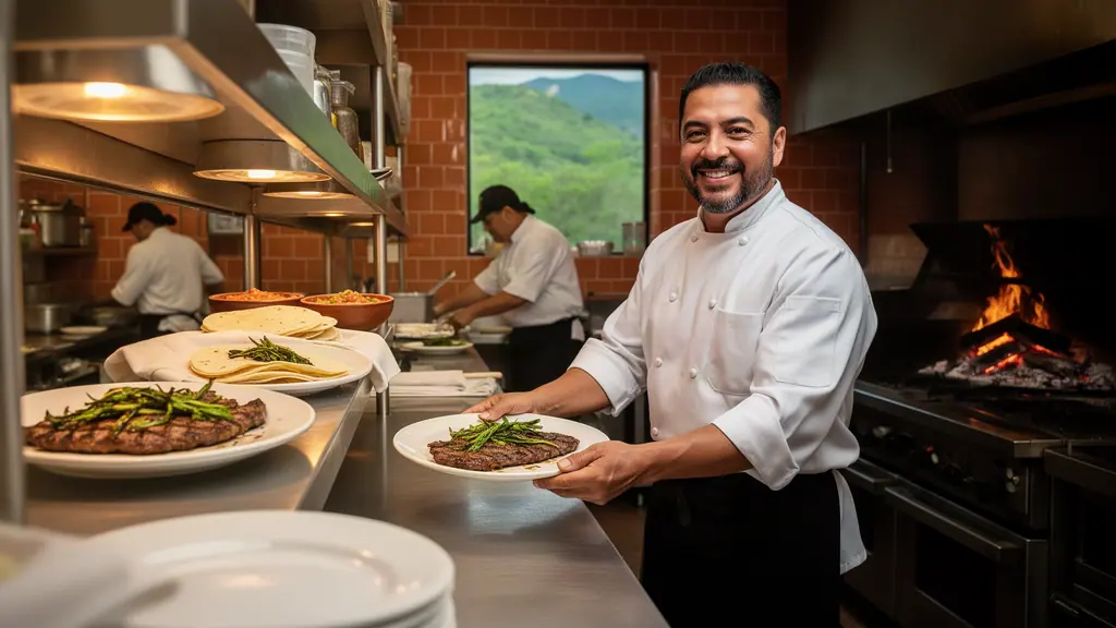 A smiling restaurant owner in a chef's jacket sliding out plates of carne asada at the pass, cooks at the grill behind.